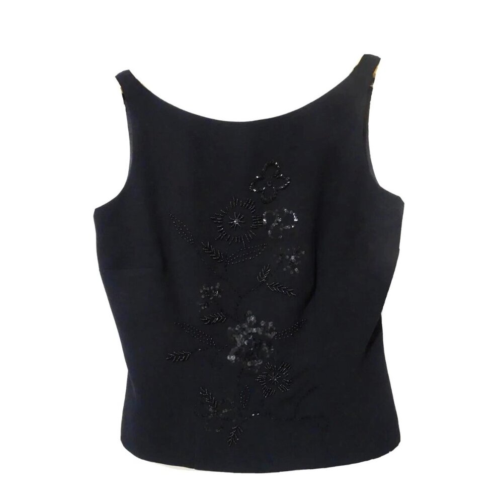S/M Vtg 90s Y2K Black Flower Sequin Beaded Party Clubwear Whimsigoth Lined Top